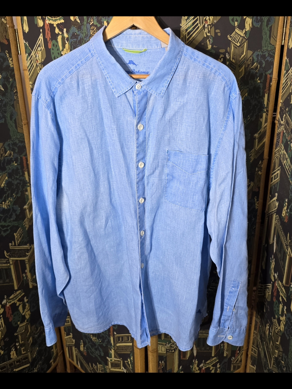 Tommy Bahama Shirt Mens XL Blue Linen Long Sleeve Button up Casual Office